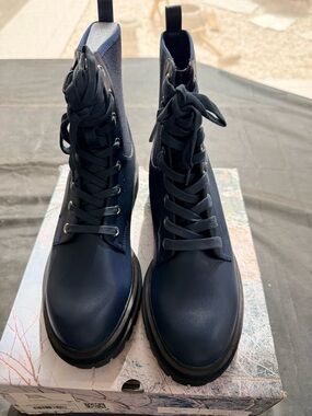 Navy Lace-Up Combat Boots with Rugged Sole